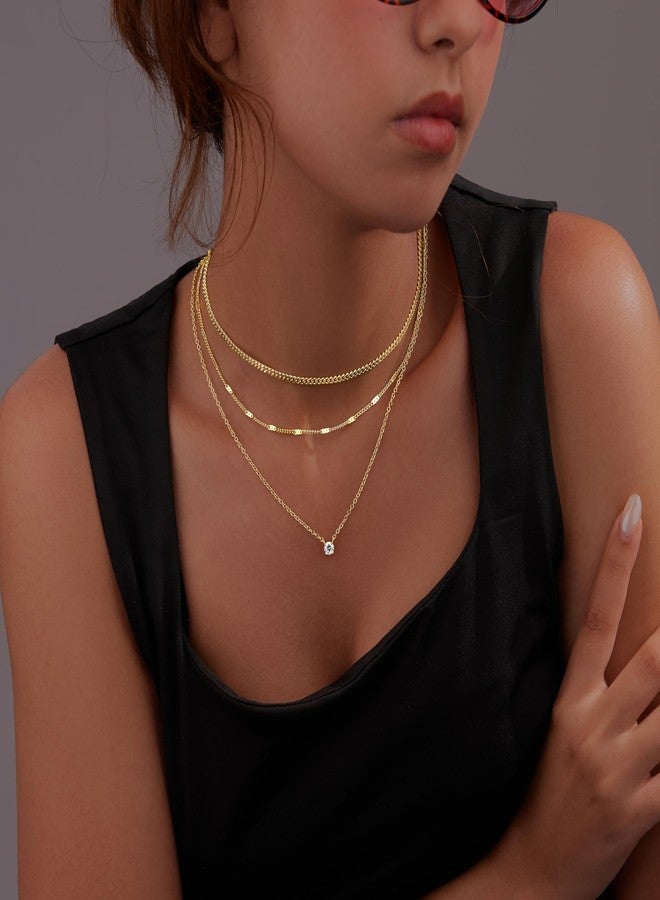 مجموعة مجوهرات WomenGifts النسائية، عبارة عن قلادات ذهبية متعددة الطبقات مطلية بالذهب عيار 14 قيراطًا، مزينة بقلادة أنيقة مرصعة بأحجار الزركونيا المكعبة الرقيقة، وسلسلة كوبية سميكة قابلة للتكديس، ومجوهرات عصرية مقاومة للماء ولا تفقد بريقها. - Image 4